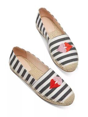 NIB KATE SPADE Women's Gimlet Heart Lips Espadrille Flats Black white Size 5.5